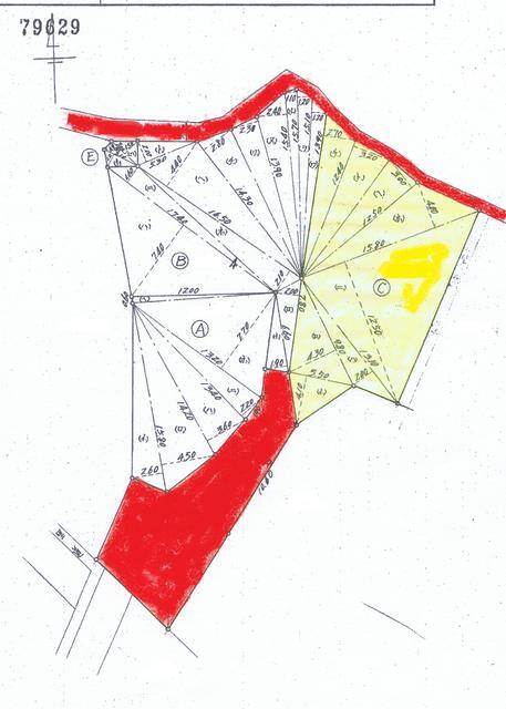 黄色が物件、赤は私道と里道