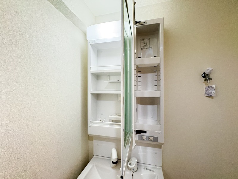 二面鏡洗面化粧台です。鏡裏の収納を使ってスッキリと保てます♪