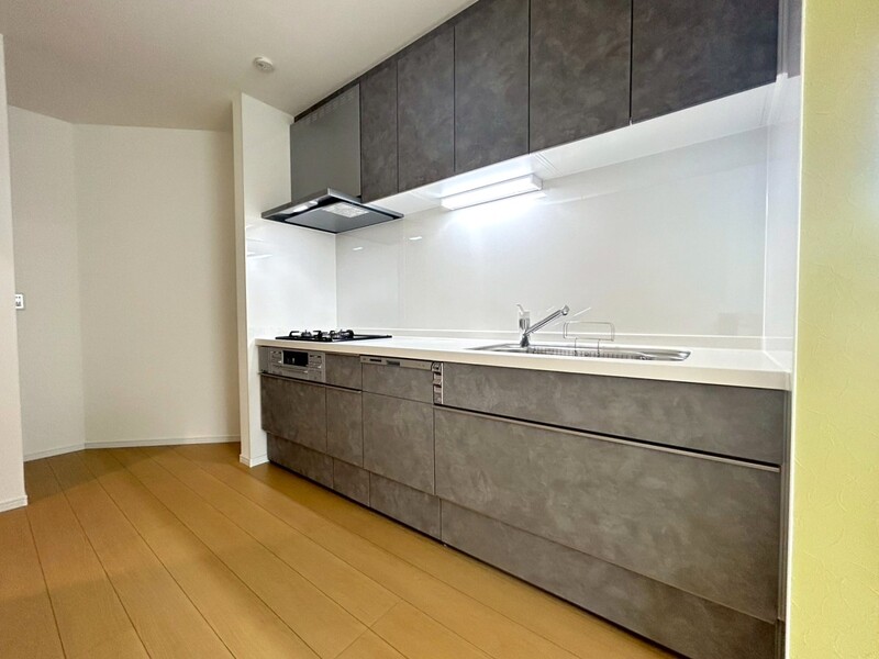 Ｂタイプキッチン。３口ガスコンロ・グリル・食洗器付きのシステムキッチン！オシャレなグレーカラーです♪