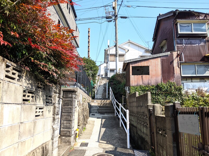 敷地北、東西に延びる市道を西から。車での乗入れはできません。
