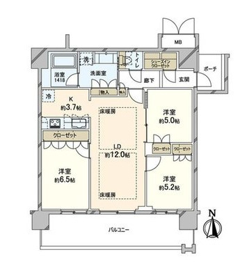 3LDK、価格1億3160万円、専有面積74.63m2、バルコニー面積14.79m2 